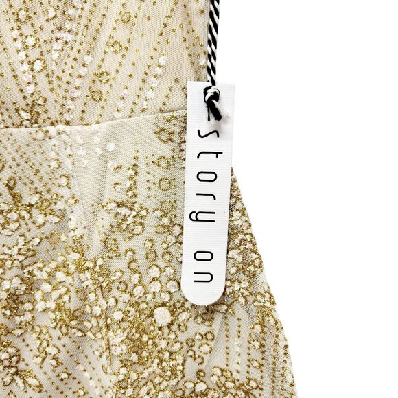 Sequin Womens Embellished Cream & Gold Short Sleeve Romper By Story On - Size S - Picture 4 of 11